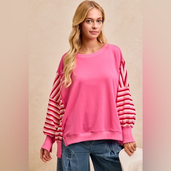 BiBi Tops - BiBi French Terry Stripe Combo Sweatshirt with Open Seam🆕